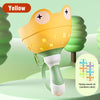 A yellow pull-string flying saucer toy frog with a green base and launcher, shown against a light green background.