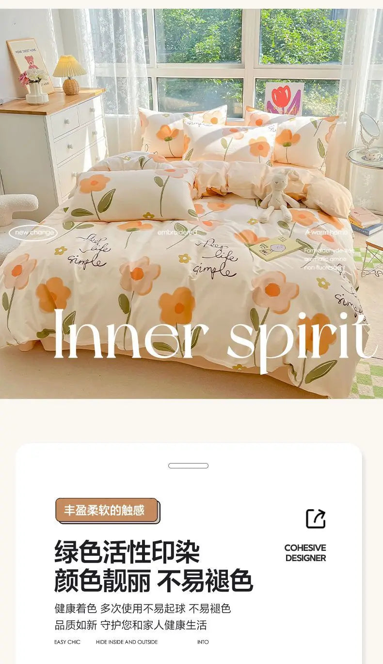 A beige and orange floral bedding set featuring a duvet cover, fitted sheet, and pillows on a bed.