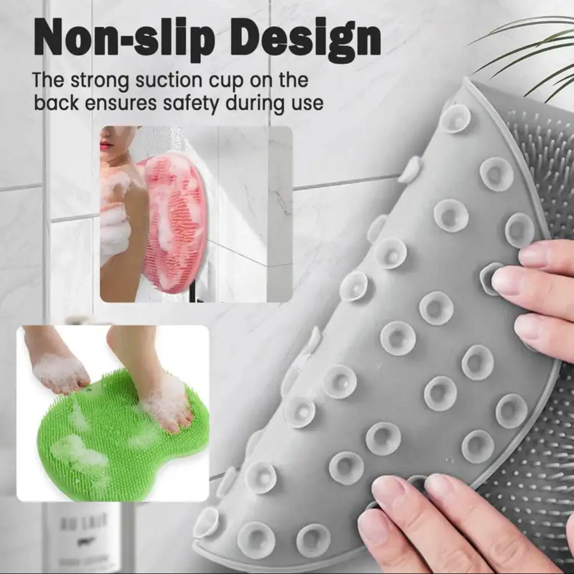 A gray silicone non-slip design scrubber pad for feet and back, shown being used on skin.