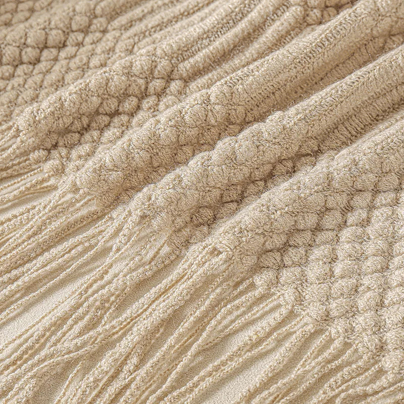Khaki Knitted Throw Blanket with Tassels