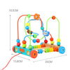 A wooden bead maze toy with colorful beads and a wooden base is shown, measuring 18.5cm in height.