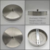 A polished stainless steel ceiling mount canopy with a diameter of 150mm, height of 25mm, and thickness of 1.0mm.