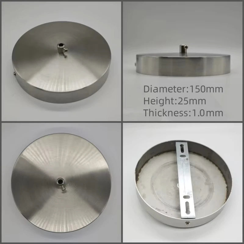 A polished stainless steel ceiling mount canopy with a diameter of 150mm, height of 25mm, and thickness of 1.0mm.
