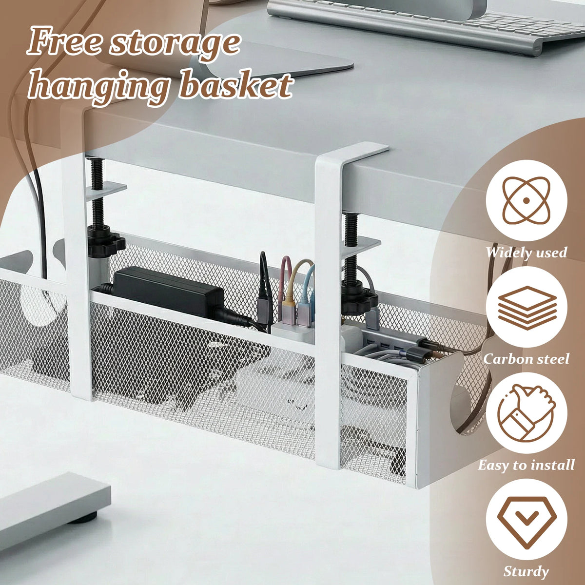 A white hanging basket for free storage, designed to manage cables and accessories under a desk.