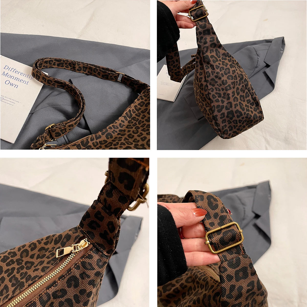 A close-up of a brown leopard print canvas crossbody bag with gold hardware, shown against a gray fabric.