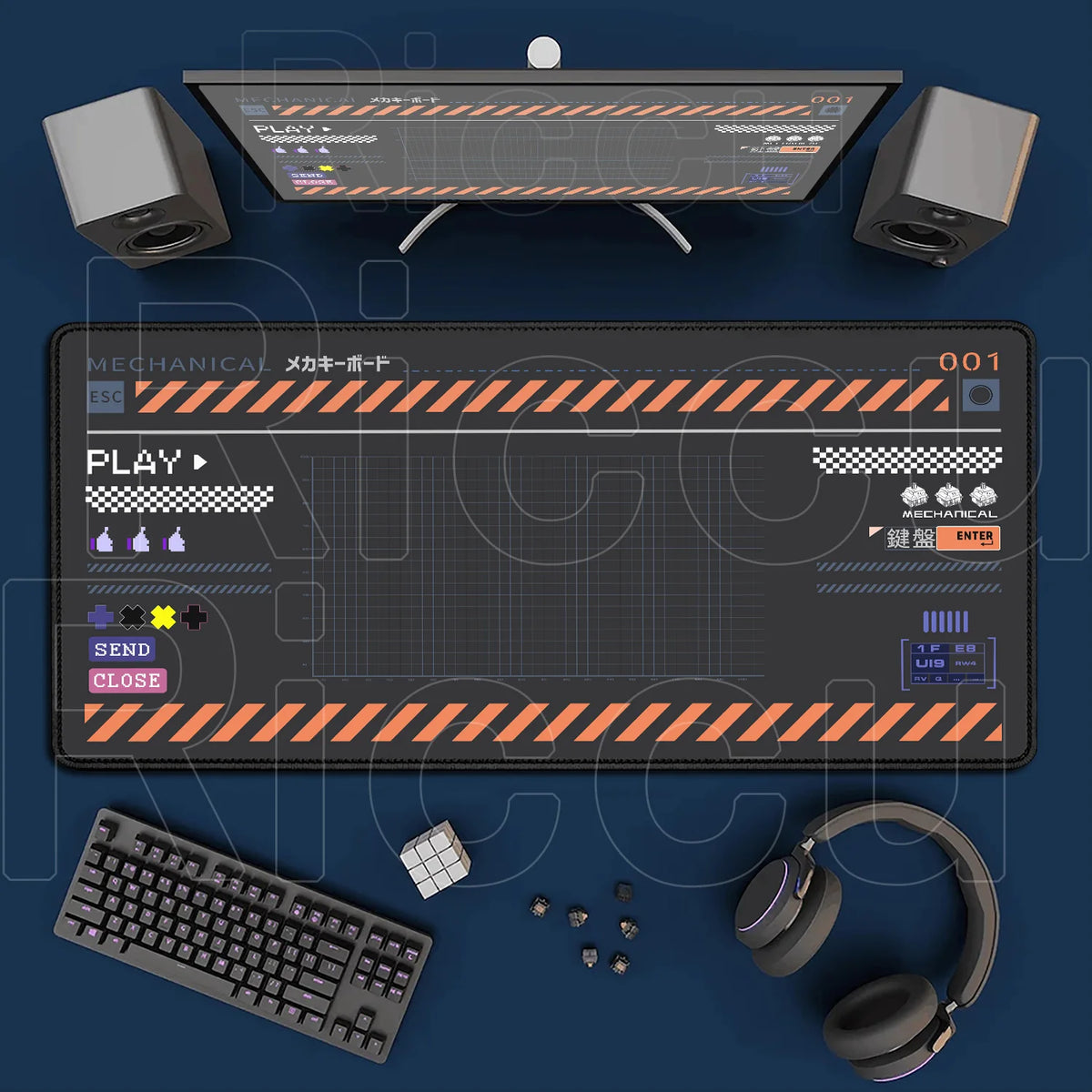 A Japanese art large mouse pad with a non-slip rubber base is shown alongside a mechanical keyboard and headphones.
