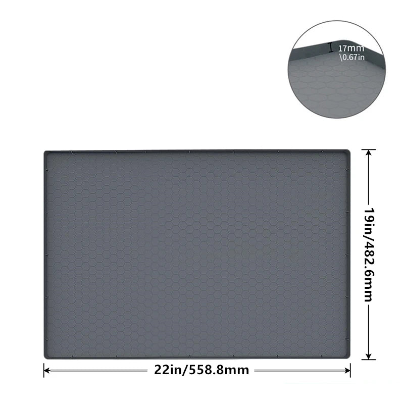 A rectangular gray silicone mat for under-sink use with a raised edge, measuring 22 inches by 19 inches.