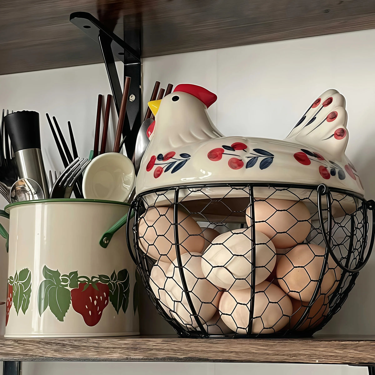 A rustic ceramic hen-shaped egg basket with a lid filled with brown eggs, displayed on a wooden shelf.