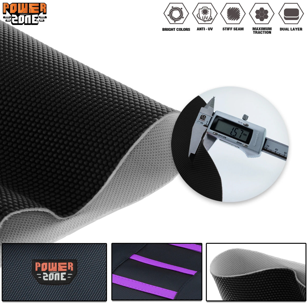 A black and gray ribbed motorcycle seat cover with a digital measurement device shown next to it.