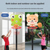 Adjustable kids basketball hoop with a green cartoon design shown indoors and outdoors.
