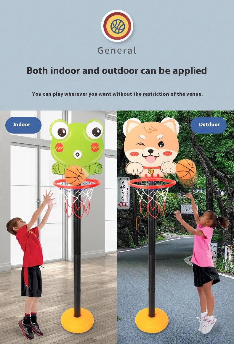 Adjustable kids basketball hoop with a green cartoon design shown indoors and outdoors.