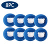 Eight reusable blue laundry balls with white bear shapes for pet hair and lint removal
