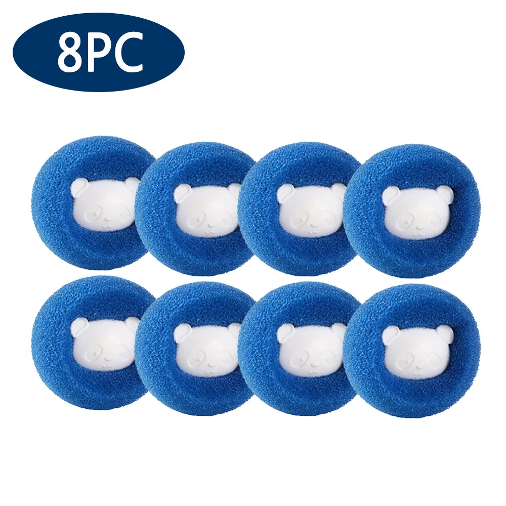 Eight reusable blue laundry balls with white bear shapes for pet hair and lint removal