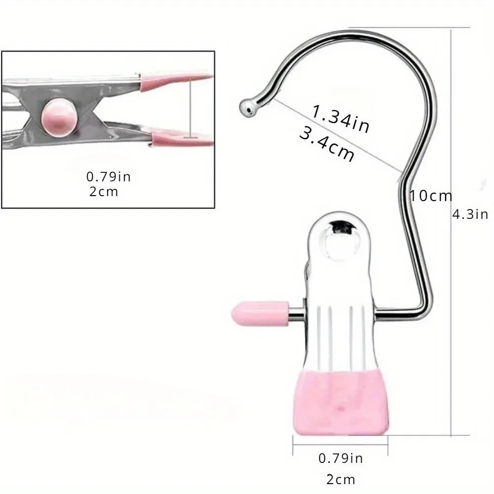 A silver heavy-duty boot and laundry hanger clip with a pink handle and clamp.
