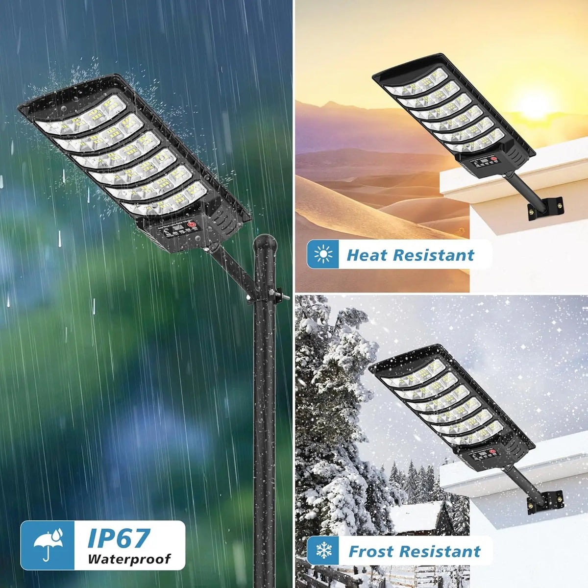 A black outdoor flood light fixture mounted on a pole, shown in various weather conditions highlighting its IP67 waterproof a