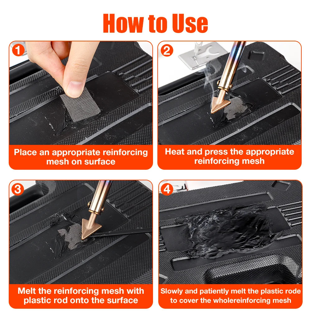 Instructions showing how to use a multifunctional hot stapler iron for reinforcing mesh on a surface.