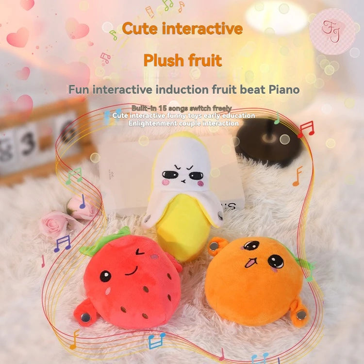 Cute interactive plush fruit metronome toy featuring various fruits like strawberry and orange.