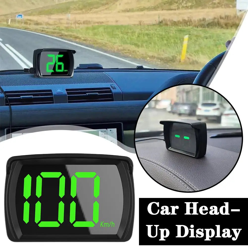 A car head-up display device is shown mounted on a dashboard, displaying speed in km/h.