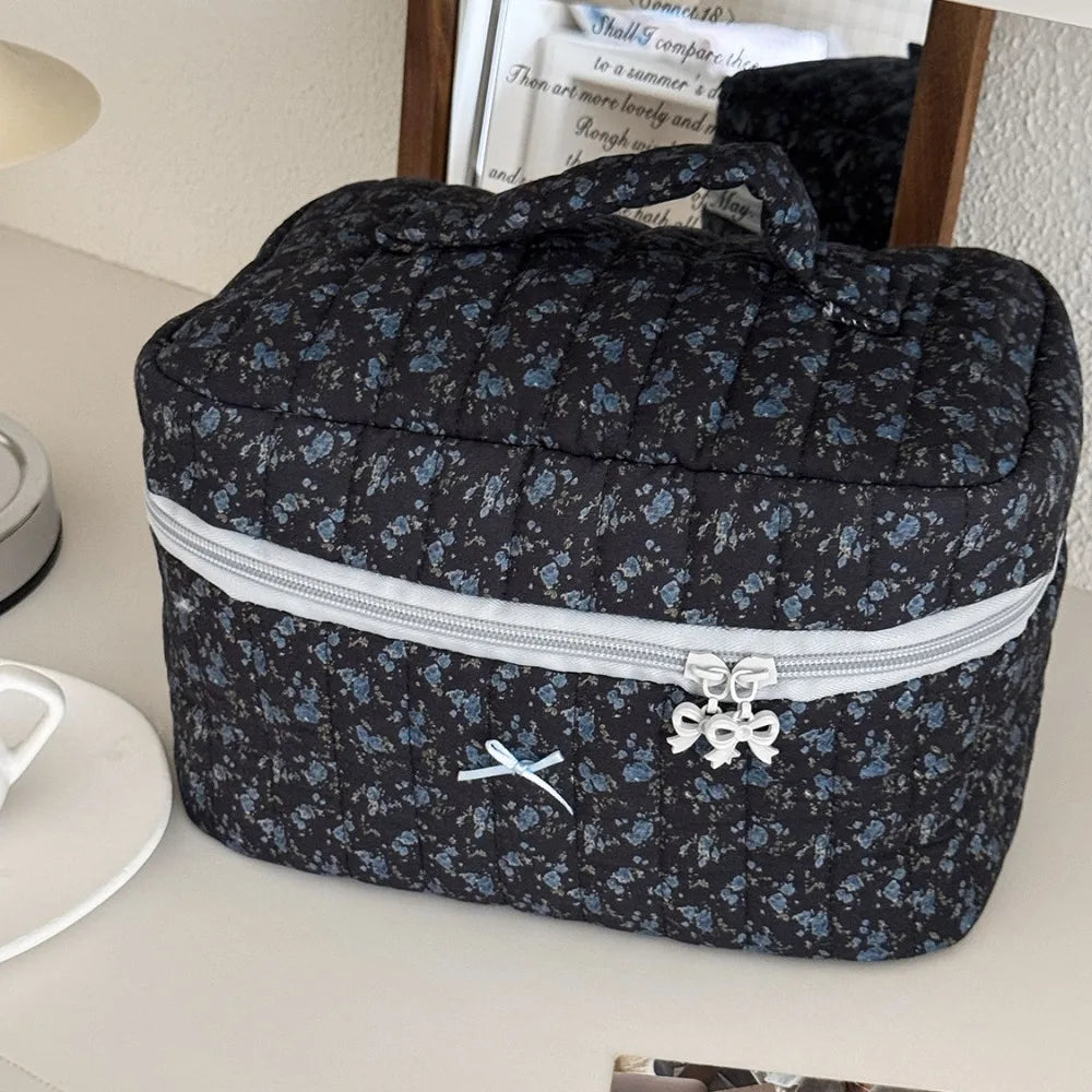 Pink Bow Plaid Quilted Cosmetic Bag with Multiple Compartments