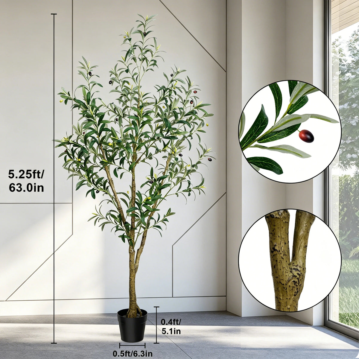 Lifelike Artificial Olive Tree in Black Pot with Natural Wood Trunk