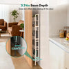 A wooden door frame shows a slim storage rack with multiple tiers of shelves, demonstrating a 3.74-inch seam depth.