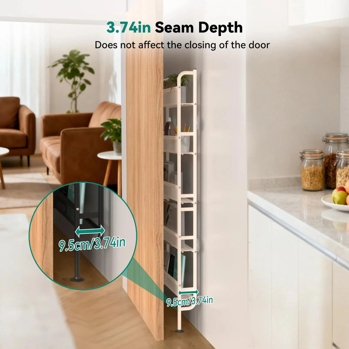 A wooden door frame shows a slim storage rack with multiple tiers of shelves, demonstrating a 3.74-inch seam depth.