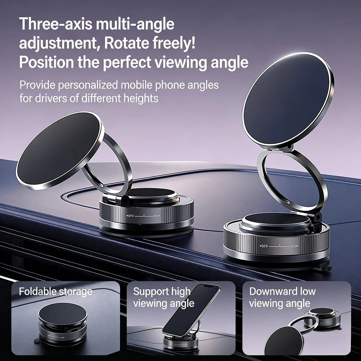 Three-axis multi-angle magnetic phone mount for drivers, featuring foldable storage and adjustable viewing angles.