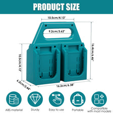 A teal portable battery organizer with dimensions 10.5cm wide, 9.2cm deep, and 16.4cm high.