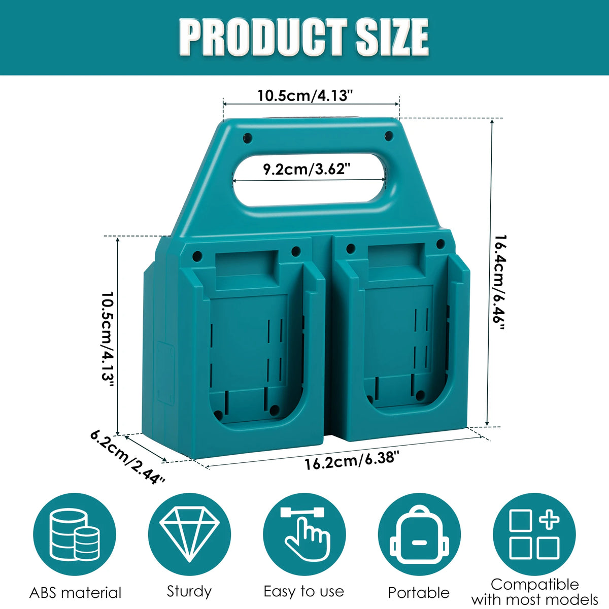 A teal portable battery organizer with dimensions 10.5cm wide, 9.2cm deep, and 16.4cm high.