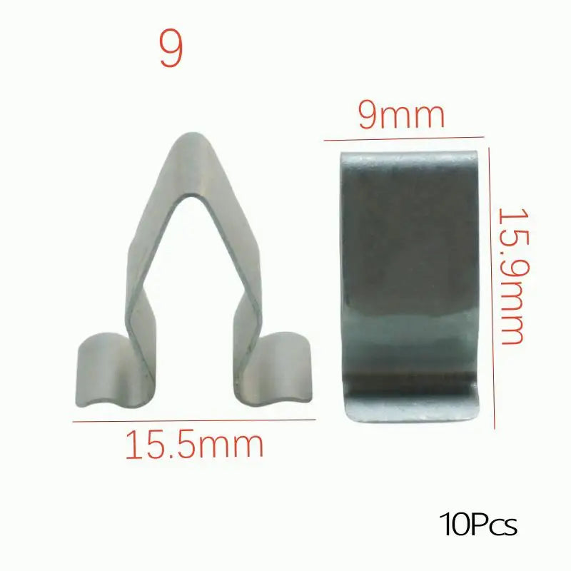 A set of nine metal trim panel fastener clips, measuring 9mm by 15.5mm, shown alongside a 9mm by 15.9mm rectangular piece.
