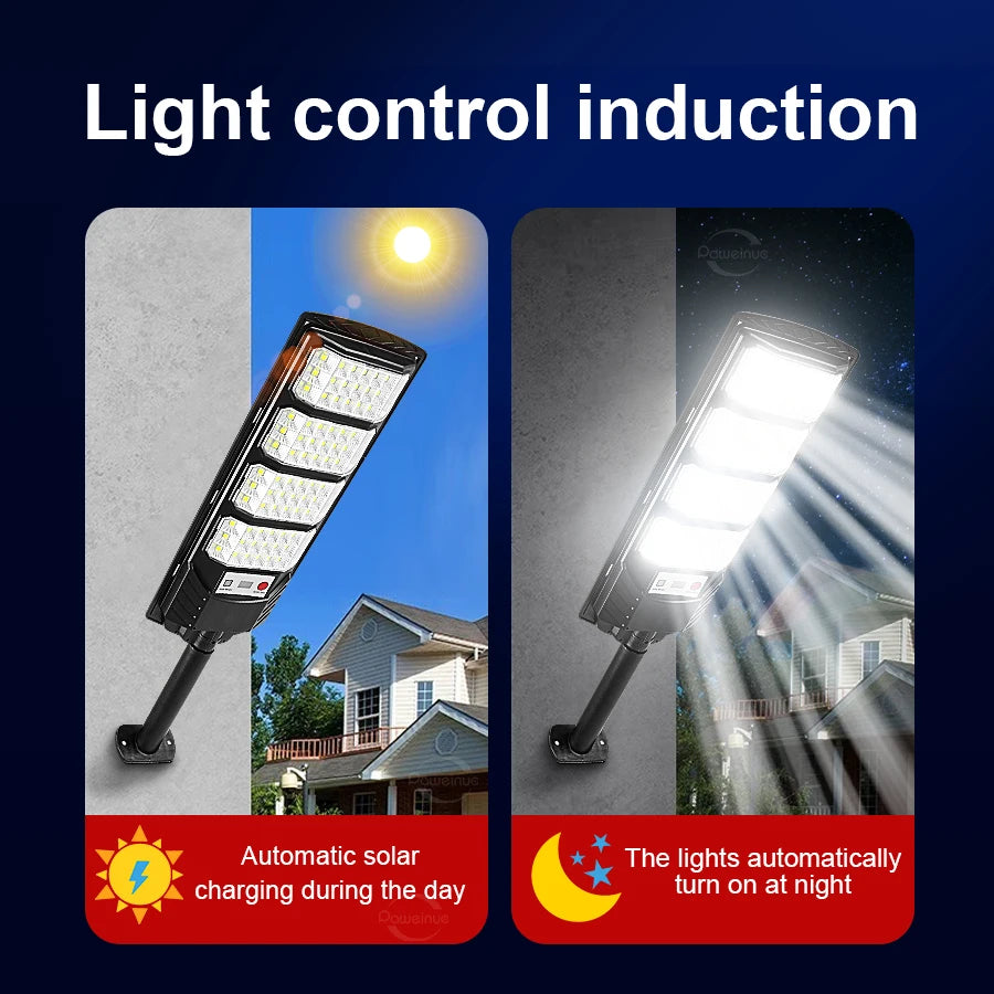 Automatic solar light fixture illuminating a house at night, showing the light turning on automatically.