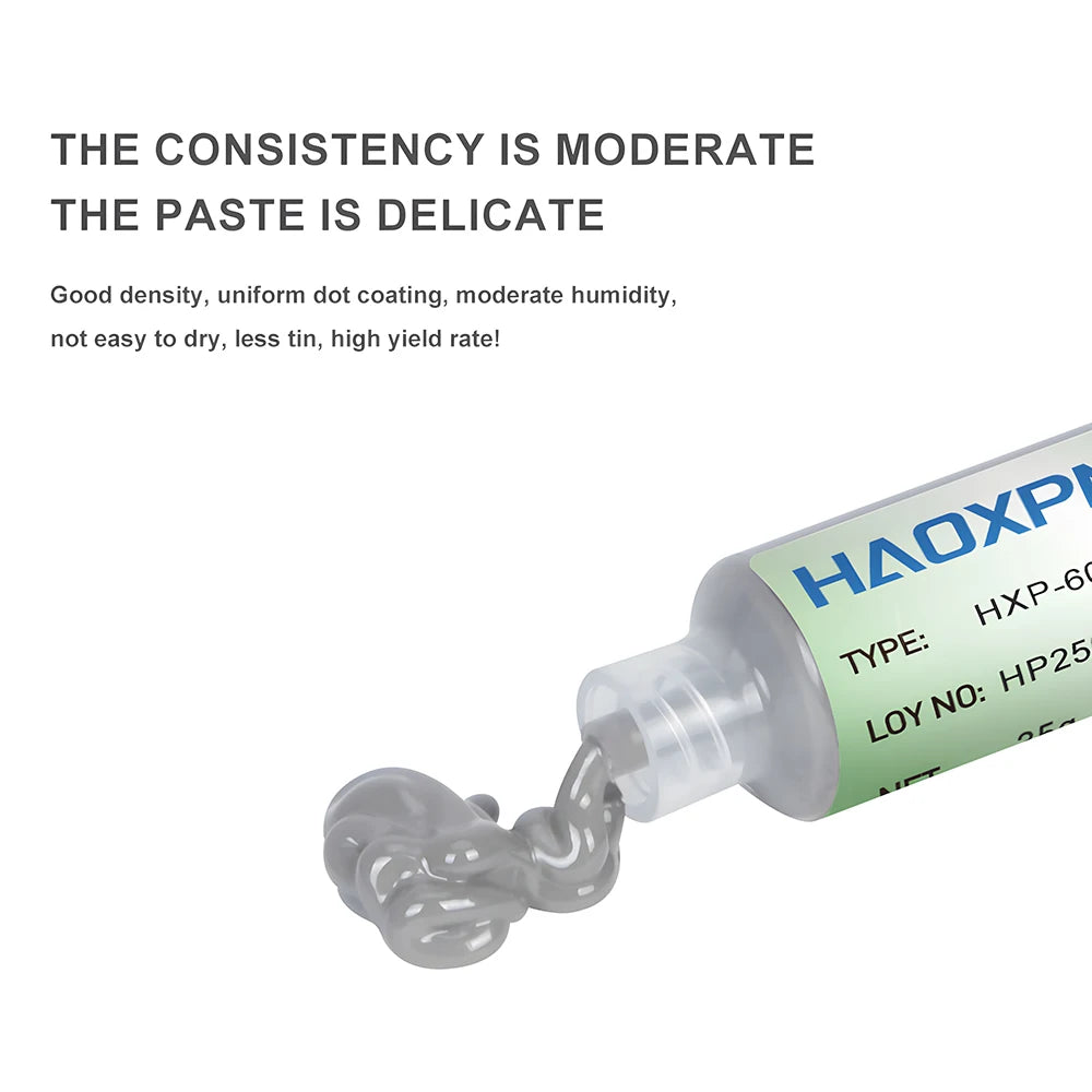 A glass tube of silver solder paste for SMD and IC repair is shown with a light green label.