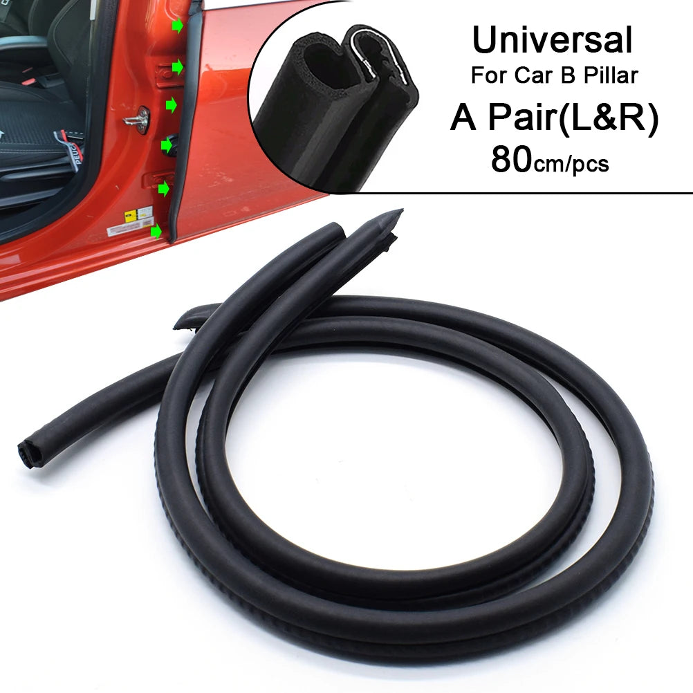 A pair of black universal car door pillar seal strips for noise reduction and weatherproofing