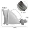 A white portable reusable urinal funnel shown with dimensions of 10.5cm height, 14cm length, and a 6.1cm diameter view.