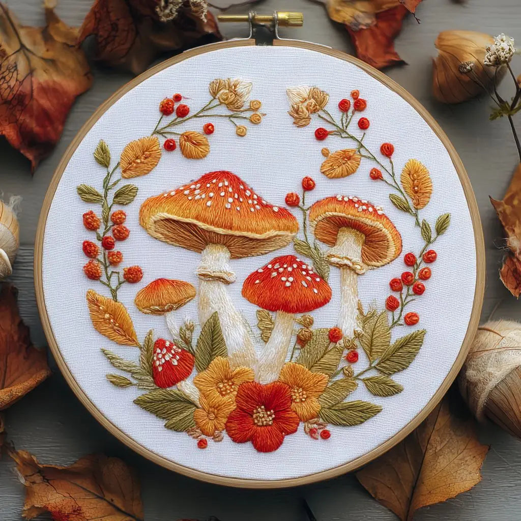 Cross stitch kit featuring embroidered mushrooms and leaves on a white fabric with embroidery tools.