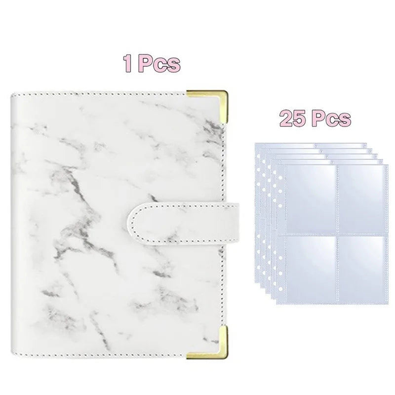 A white marble-patterned A5 PU photocard album with a gold edge and 25 included pages.