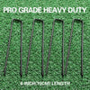 Six 6 inch galvanized U-shaped garden staples displayed on green artificial turf.