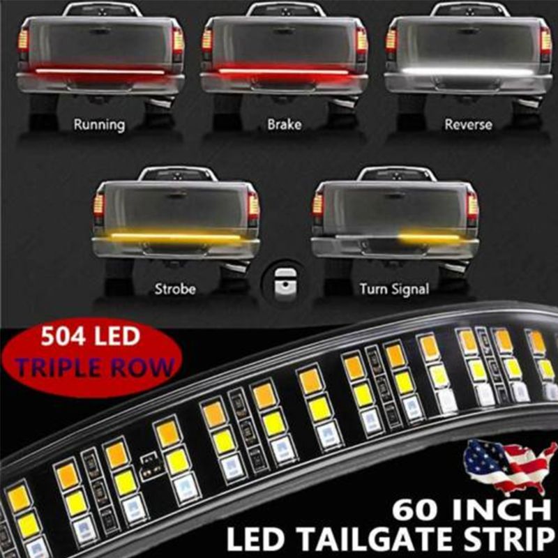 60 inch triple row LED tailgate strip featuring brake, reverse, and turn signals