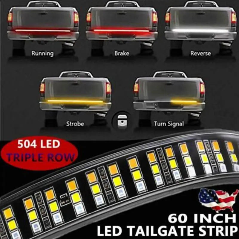 60 inch triple row LED tailgate strip featuring brake, reverse, and turn signals