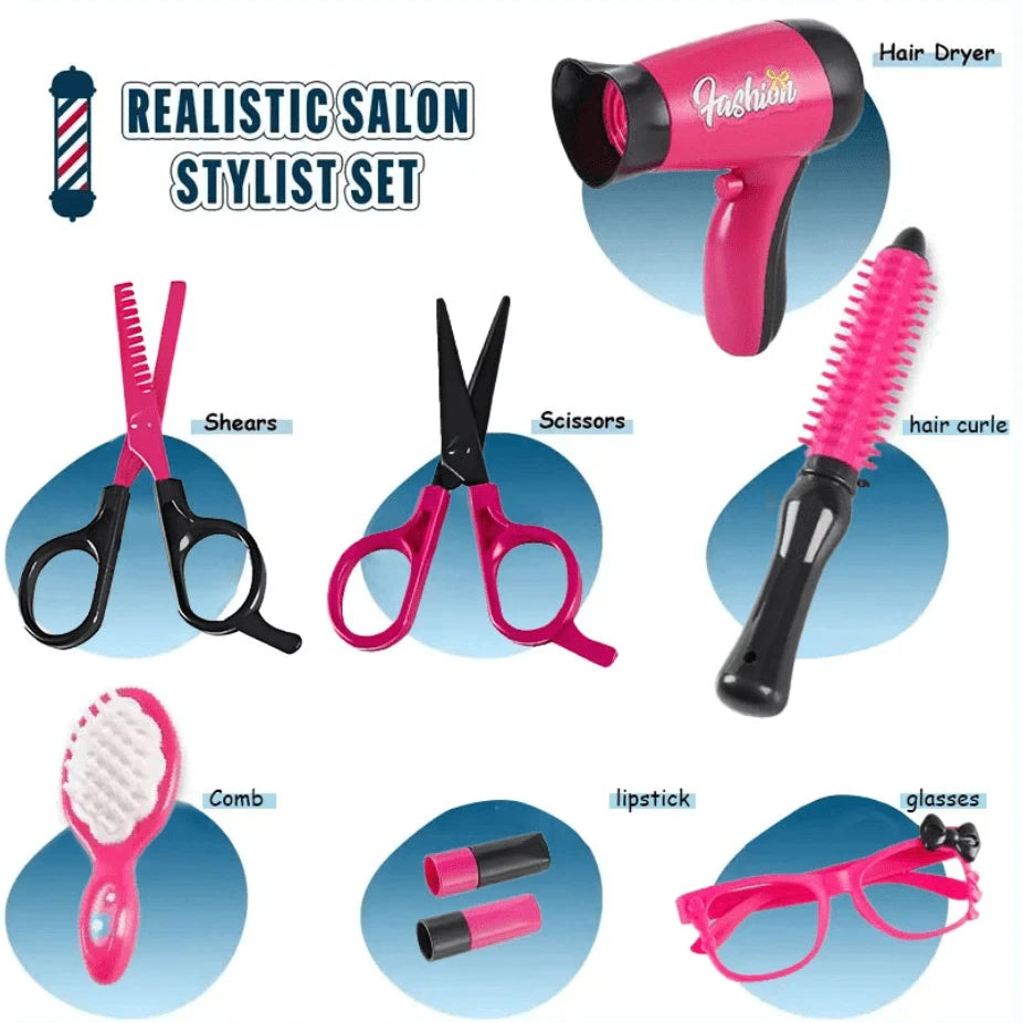 Realistic salon stylist set for kids including a hair dryer, shears, scissors, comb, lipstick, and glasses.