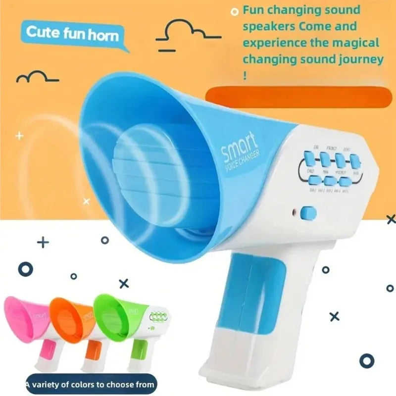 A white megaphone toy with a blue horn, showing various color options for kids voice changing fun.