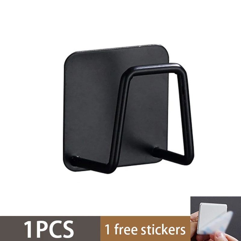 Black stainless steel sponge holder with a handle mounted on a wall or surface