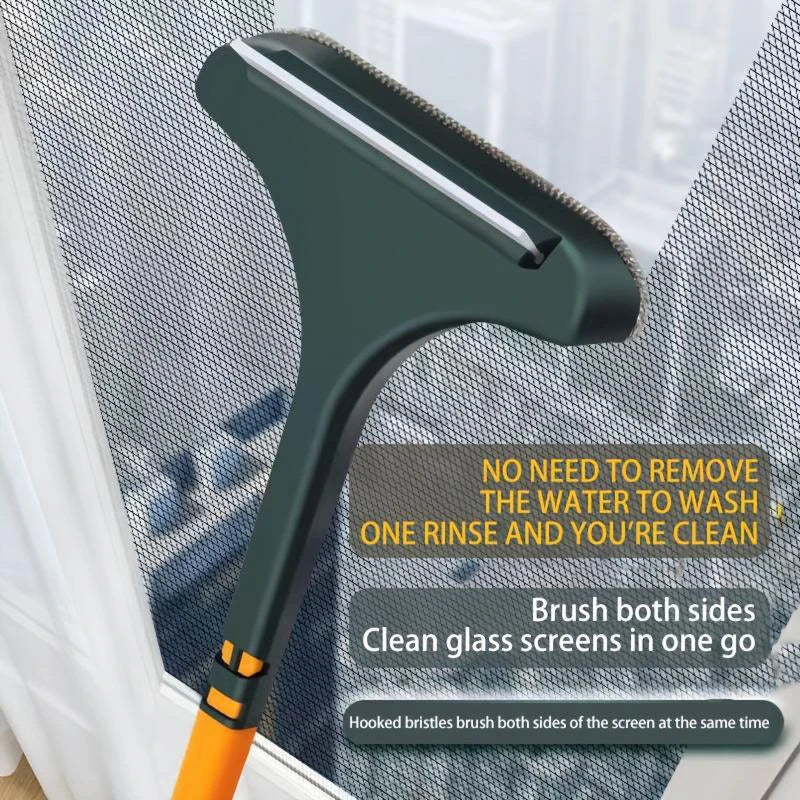 A dark green window screen cleaning brush with hooked bristles is shown brushing glass screens.