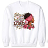 White sweatshirt featuring a graphic design with pink flowers and text that reads Blessed Is She Who Has Believed That The Lo