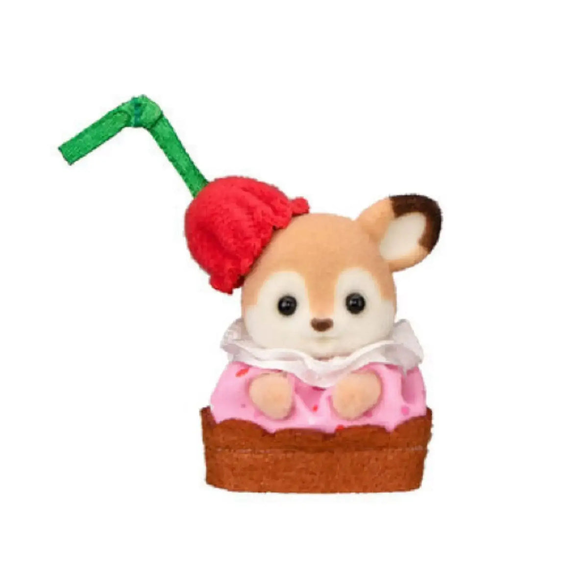 A Sylvanian Families Tea Party Baby blind bag collectible figure of a fox with green ears and a red pom-pom hat.