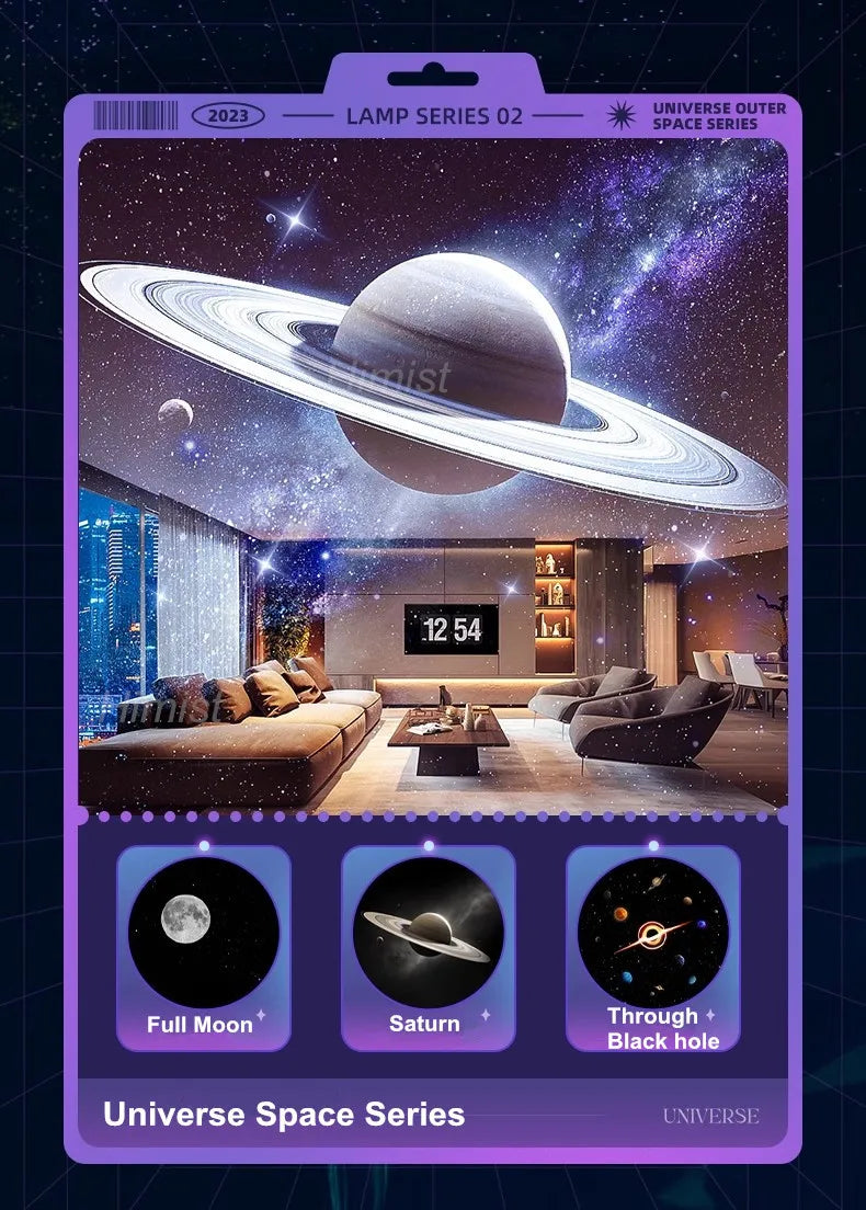 A colorful poster featuring a space scene with planets and a dark background for a projector night light.