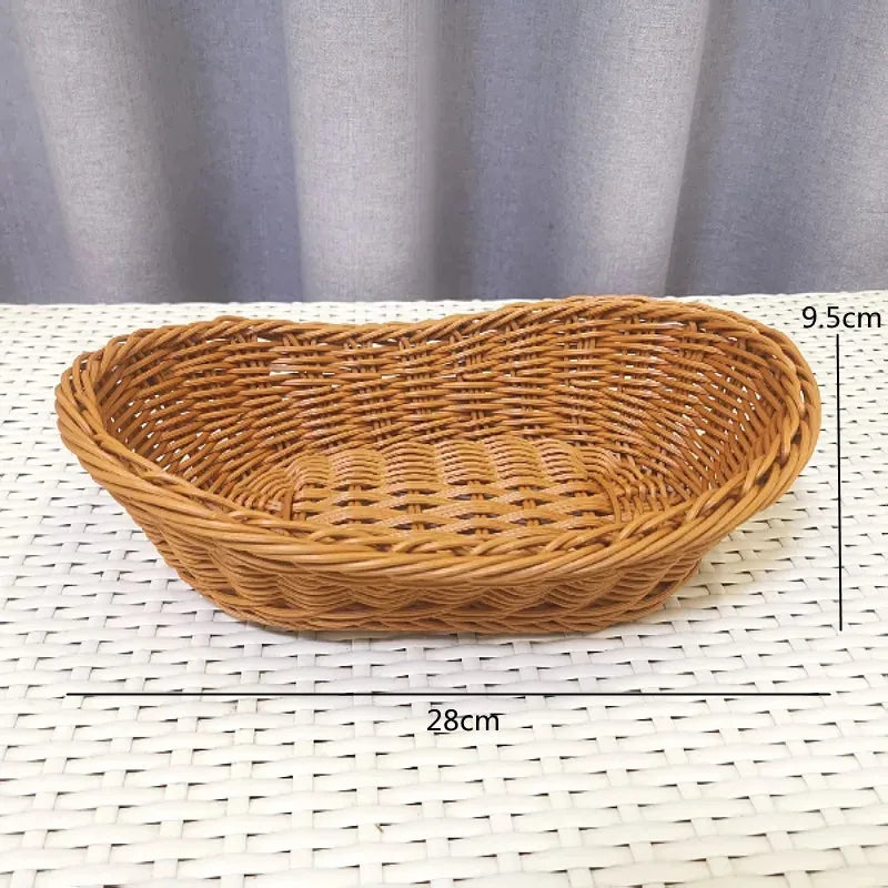 A round, handwoven wicker serving basket with a natural brown color, measuring 9.5cm high.