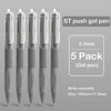 A set of five black 0.5mm gel pens with retractable tips and a smooth writing experience.