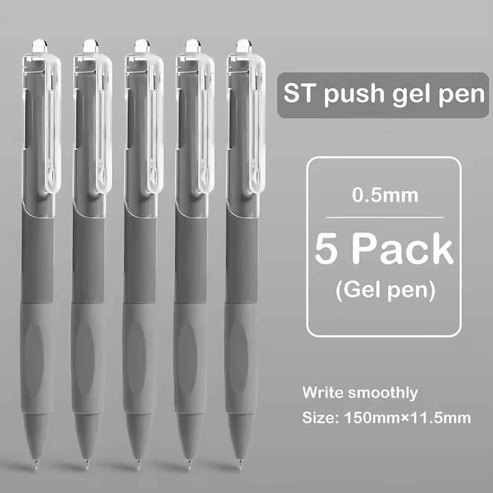 A set of five black 0.5mm gel pens with retractable tips and a smooth writing experience.