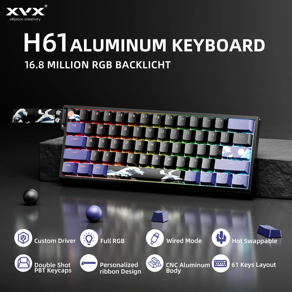 An H61 Aluminum Keyboard featuring 16.8 million RGB backlight and a 61-key layout with custom art keycaps.